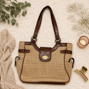 Rosetti New York Brown Woven Straw Faux Leather Trim Shoulder Bag Tote